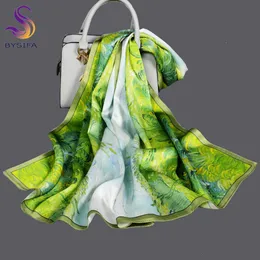 Scarves BYSIFA|Brand Blue Green Silk Scarf Bufanda Women's Fashion Field Design Pure100 Shawl Echarpe 17053cm 230914