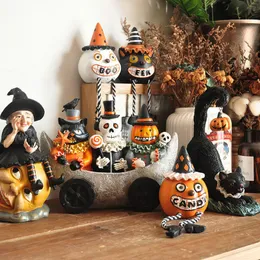 Andere Event-Party-Zubehör, Vintage-Geister-Schädel-Ornament, handgefertigt, bemalte schwarze Katze, Hexe, Desktop-Dekoration, kreative Halloween-Tier-Harzskulptur 230915