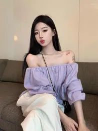 Women's Blouses Women Summer Slash Neck Purple Off-shoulder Lantern Sleeve T-shirt Long-sleeved Backless Loose Fashion Clothing