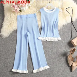 Tvådelad klänning Alphalmoda Style ärmlös Knit Top Mid Calf Pant Fashion 2st Summer Set Ladies Casual Frilled Suit 230914