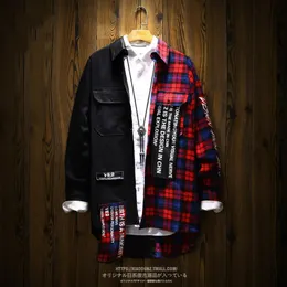 Camisas masculinas ins hip hop retalhos xadrez camisa de manga longa masculino japonês solto casaco longo bf gota 2018 xadrez 50cs002277j