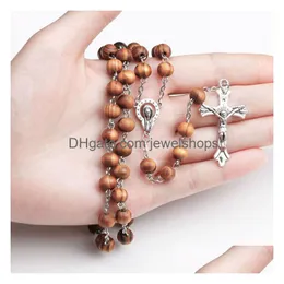 Pendant Necklaces New Wooden Beads Long Chains Catholic Rosary Necklace For Women And Men Christian Jesus Virgin Mary Cross Crucifix F Dh58Z