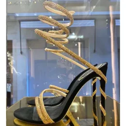 Босоножки на каблуке, украшенные кристаллами и стразами Rene Caovilla Cleo, 95 мм, дизайнерские женские босоножки с запахом на щиколотке, на высоком каблуке с цветком и сумкойG