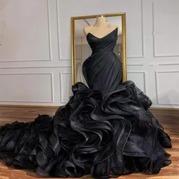 Czarna gotycka sukienki ślubne syreny 2022 Katedralny Pociąg Organza koronkowy gorset Księżniczka Ruffles Spódnica plus rozmiar ślubna suknie ślubne 2438