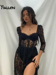 Grundläggande avslappnade klänningar Yiallen Y2K Fashion Party Vacation Beach Sexig Black Lace Long Dres vårkvartal ärm i Mid Calf Clubwear 230915