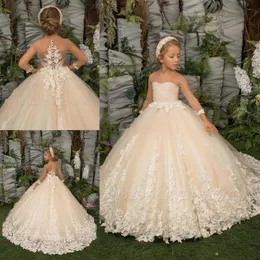 2022 Dziewczęce sukienki na widowiski glitz pędzel słodka suknia balowa koraliki kryształy Kryształy Kwiaty pióra Perły Applique Flower Girl Dress BC1281U