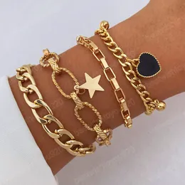 4PCS/Set Fashion Thick Chain Link Bracelets Bangles For Women Alloy Chain Heart Star Bracelets Set Punk Jewelry
