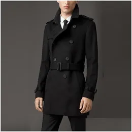 Mens Wool Blends Fashion Double Breasted Mid Long Trench Coat Business Man Belted Slim Fit Woolen Military Windbreaker Drop Delivery A DHQV8