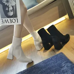 Botas de tacón de 6CM para mujer, botas de calcetín de punto elástico negro y Beige, botines de diseñador de tacón grueso a la moda