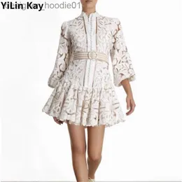 Basic Casual Dresses YiLin Kay Self-Portrait Runway Water Soluble Lace Dress Hollow-out embroidered bubble sleeves Party Dresses vestidos F1202 L230916