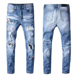 Мужские джинсы с дырками, узкие мотоциклисты с тонким телом, джинсовые джинсы с нашивками в стиле хип-хоп с вышивкой животных # 604293Y