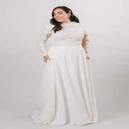 2020 plus size rendas chiffon vestidos de casamento modestos com mangas compridas vintage gola alta elegante vestidos de noiva modestos com pockets240g