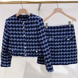 Sandro Round Neck Deep Blue Plaid Tweed Jacket and A-Line High