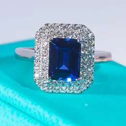 クラスターリングQinhuan Luxury 2 Blue Sapphire Ring S925 Sterling Silver with 18k Gold Plated for Fine Jewelry Wedding Party Banquet