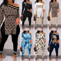 Venta al por menor diseñador de mujeres impreso pantalones de dos piezas trajes sexy fuera del hombro Split camiseta Leggings traje a juego Sets238q