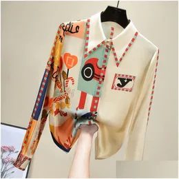 Women'S Blouses Shirts Womens Elegant Print Silk Blouse Women Korean Long Sleeve Shirt Modis Tops Arrival Drop Delivery Apparel Clo Dhodx