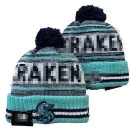 Kraken Beanies Cap Wool Warm Sport Knit Hat Hockey North American Team Striped Sideline USA College Cuffed Pom Hats Men Women a0