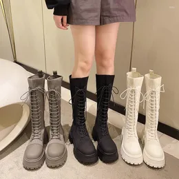 Botas plataforma grossa de malha longa mulheres 2023 outono fundo grosso quente meia sapatos mulher rendas até joelho botas altas de mujer