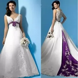 White and Purple Vintage Wedding Dresses Halter Backless Lace Beaded Embroidery Stain Sweep Train Country Bridal Wedding Gown2676