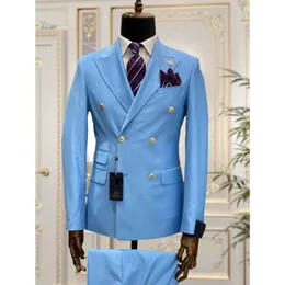 Men's Suits Blazers Light Blue Double Breasted Men Slim Fit Wedding Tuxedos Two Pieces Man Groom Business Party Prom Costume BlazerPants 230915