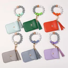 Charm Bracelets 패션 KeychainLeather Tassel Beads Bracelet Wristlet Bangle With Wallet Key Card Holder 큰 둥근 키링 선물