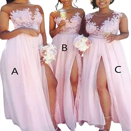 2023 Fashion Pink A Line Chiffon Bridesmaid Dress Lace Applique Prom Dress Illusion Neck High Slit Beach Formella aftonklänningar Part256s