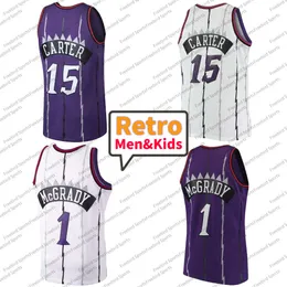 Mens Kids Vince Carter Basketball Jersey Tracy McGrda Stitched Jerseys Retro Men Youth Basketball Jerseys Purple White #15 #1