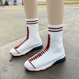 Casual Trendy High Socks Boots para mulheres designer preto e branco marrom inverno moda quente sem silp Meninas bota plana ao ar livre treinadores respiráveis