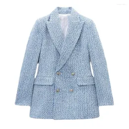 Damenanzüge, blauer strukturierter zweireihiger Tweed-Blazer, Damenmode, elegantes Langarm-Oberteil, lockerer Schalkragen, Kollektion 2023