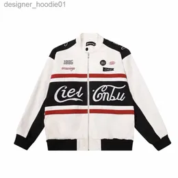 Giacche da donna American Retro California Street Trend 1886 Design cuciture Nero Bianco Giacca da corsa vintage Uomo Donna Moto oversize Baseball ricamato