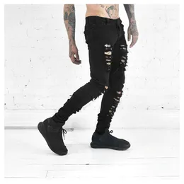Hela 2016 Nya mäns jeans rippade jeans för män mager orolig smal designer cyklist hiphop swag svart smala jeans263z