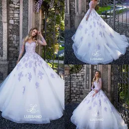 2022 deslumbrante lavanda ilusão corpetes uma linha vestidos de casamento sheer pescoço mangas compridas rendas appliqued praia vestidos de noiva personalizado ma266p