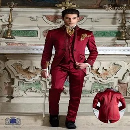 New Fashion One Button Wine Embroidery Groom Tuxedos Stand Collar Men Suits 3 pieces Wedding Prom Blazer Jacket Pants Vest W498239W