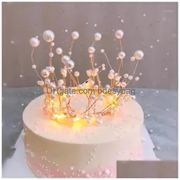 Inne świąteczne zapasy imprezy błyszczące ręcznie robione Pearl Princess Crown Corn Cake Topper Bride and Groom Happy Birthday Hat Dekoracja D Dhvac