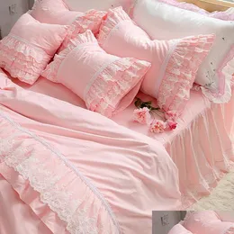 Sängkläder set topp lyx broderi bröllop set spets ruffle duvet er lakan sängäcke romantiskt sovrum hem dekoration sängar dr dhko5