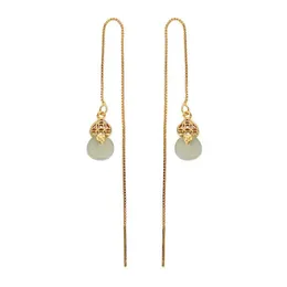 Charm S925 Sterling Sier Gold Plated Hetian Grey Jade Hanging örhängen Retro Long Womens Coin Gourd Eardrop Earring Drop Deli Dhgarden Dhrpx