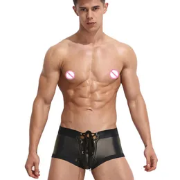 3 färger Fashion Low Rise Men Boxer Shorts Tight Faux Leather Shorts DrawString Elastic Midjet Briefs Sexig Metallic Night Clubwear225a