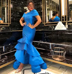 Elegant Long Mermaid Blue Taffeta Evening Dresses Off Shoulder Asymmetrical Ruffled Zipper Back Prom Dresses Robe De Soiree Formal Party Gown for Women