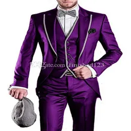 Molto buono Smoking da sposo viola con un bottone viola Risvolto uomo Abiti 3 pezzi Matrimonio Prom Cena Blazer Giacca Pantaloni Gilet Cravatta W540202i