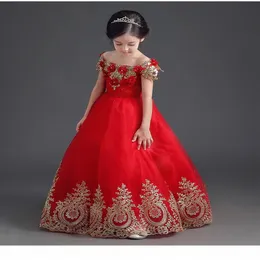 Роскошное бальное платье с золотыми аппликациями с открытыми плечами Красные длинные пышные платья для девочек Детские платья для выпускного вечера Платья для девочек-цветочниц YTZ104290u