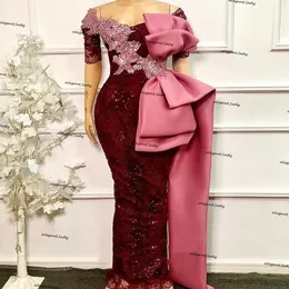 Elegant African Short Sleeves Mermaid Evening Dresses 2021 off shoulder Lace Beaded burgundy big bow Prom Gowns Robe De Soiree239o