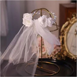 Hair Clips Romantic Bridal Flower Bow Veil Hairbands Integrated Wedding Accessories Diademas Para El Pelo Mujer