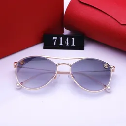 Lüks kadın oval beyaz inci güneş gözlüğü 7141 moda metal tasarımcı güneş gözlüğü unisex renk değiştiren kutuplaşmış güneş gözlüğü güneş gölgeleme seksi küçük kadınlar kutu