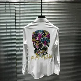 Exaggerated Design Young Men's Oversized Shirt Super Shiny Big Skull Slim Body Drilling Fashion Brand Long Sleeves Casual Shi312K