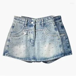 Faldas Falda vaquera adornada con diamantes para mujer Primavera/Verano 2023 Pantalón de cintura alta adelgazante A-line Short