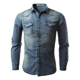 2018 Modieuze Stijl heren Jeans Shirts Casual Slim Fit Stijlvolle Lange Mouw Gewassen Mannelijke Effen Denim Shirts Tops225W