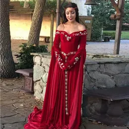 Retro Red Long Sleeve Mermaid Evening Dresses Off The Shoulder Embroidery Appliques Cosplay Dress A Line Females Costume Wear 326 326