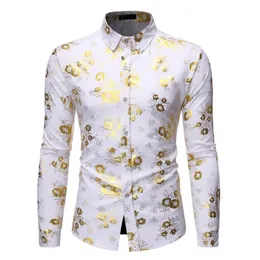 Fantasia masculina florida ouro impressão vestido camisa masculina 2020 novo design de luxo fino ajuste camisas smoking para clube festa disco1290x