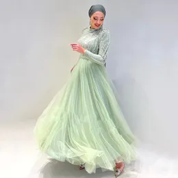 Sage Green Muslim Prom Dresses Beaded Sequin Kaftan Maxi Dress High Neck Long Sleeve Tiered Tulle Islamic Females Formal Gown 326 326