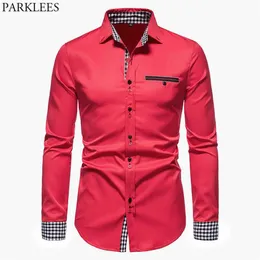 Koszule sukien męskich parklees czerwona kratowa koszula patchwork Mężczyźni 2021 marka formalne biznesowe męskie menu swobodne guziki w dół chem341q